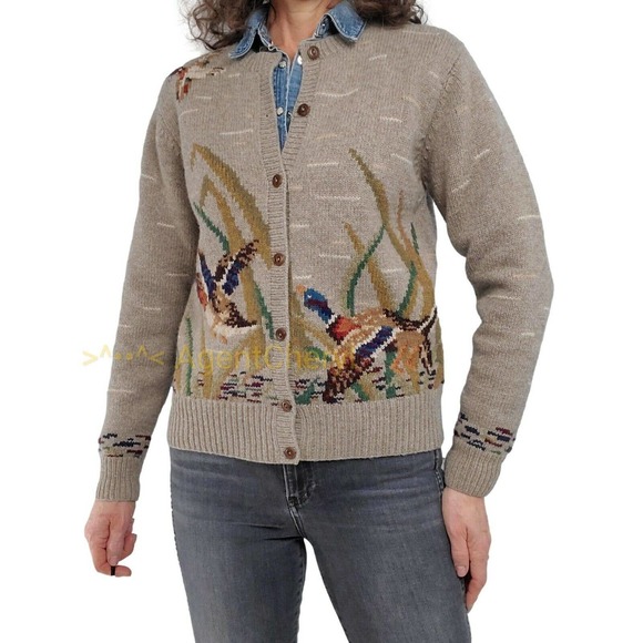 Lauren Ralph Lauren Lambswool Cardigan Hand Knit Mallard Duck Hunting M H13900 - Picture 3 of 11